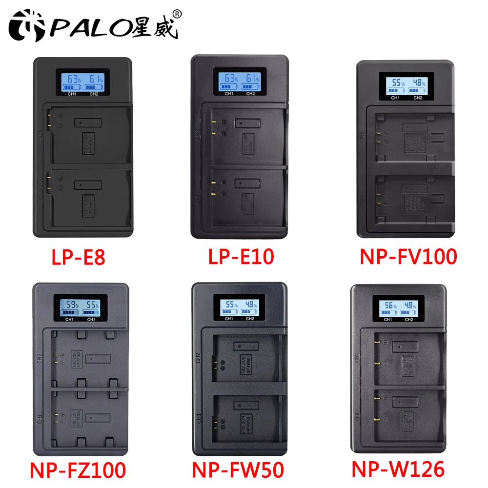 

LCD Dual Camera Battery Charger for Canon LP-E8 LP-E10 LP-E12 Sony NP-FW50 NP-FZ100 NP-F970 NP-FV100 Fujifilm NP-W126 Battery