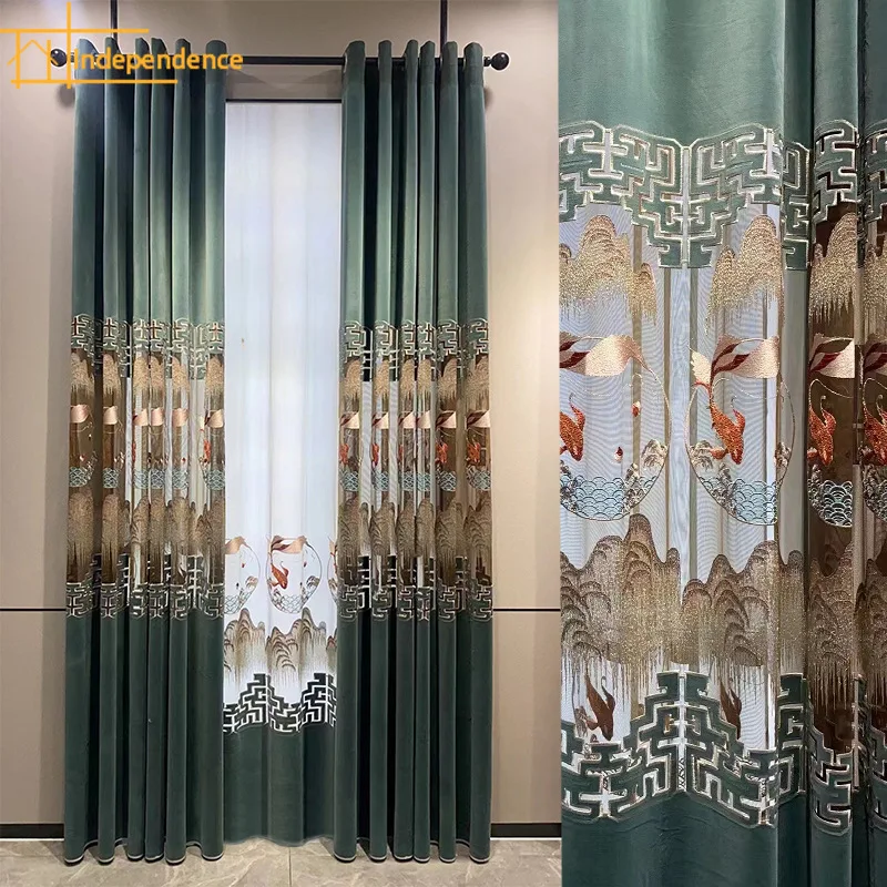 Chinese Style Embroidery Hollowed Out Flannelette Splicing Curtains for Living Room Bedroom French Window Study Customization