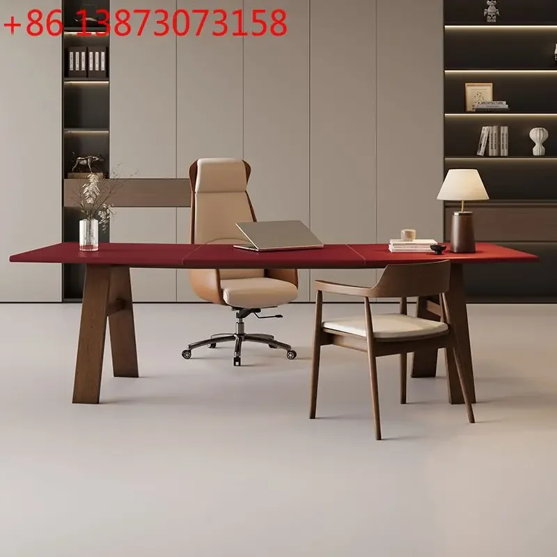 Italian minimalist saddle leather solid wood office lady boss computer desk curved office workbench