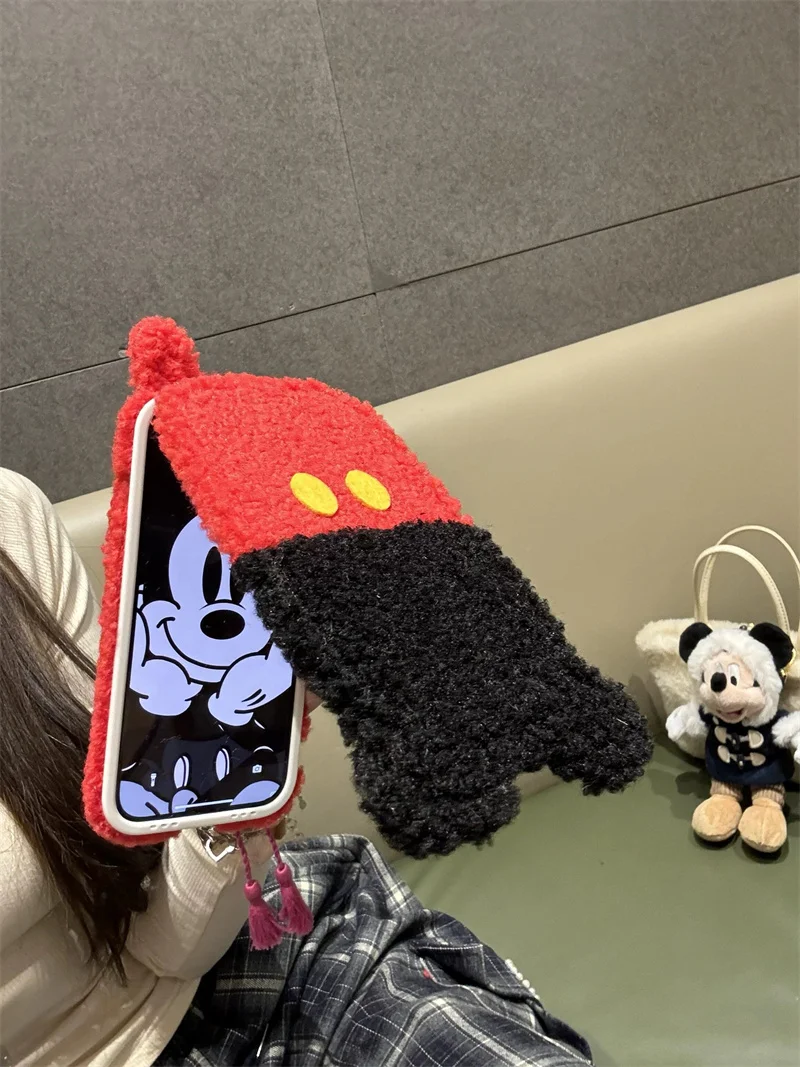 

Luxury Plush Cute Mickey Mouse Mirror What About Cashmere Wool Warmth Flip Phone Case For iPhone 16 15 14 13Pro Max furry