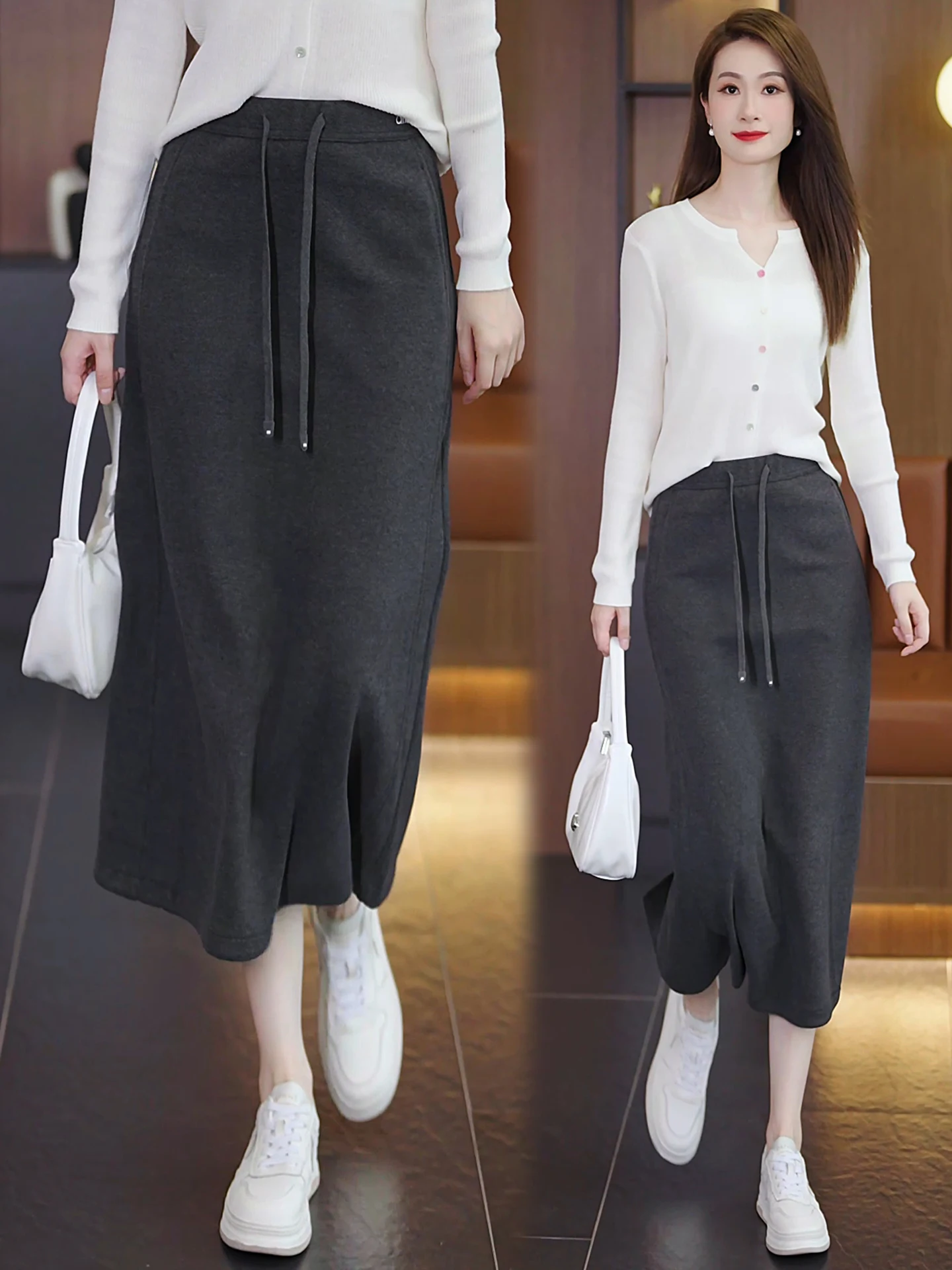 

High Waist Midi Length A-Line Skirt for Women in Woolen Fabric with Slit Design Suitable for Autumn And Winter Season