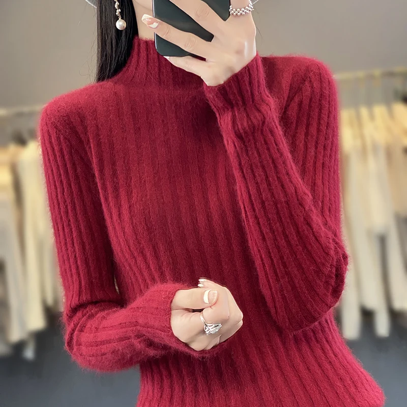 Women\'s 100% Pure Mink Cashmere Sweater,Half Turtleneck,Slim Pit Strip Knitted Sweater,New Top,Spring,Autumn,Winter Wear,Fashion