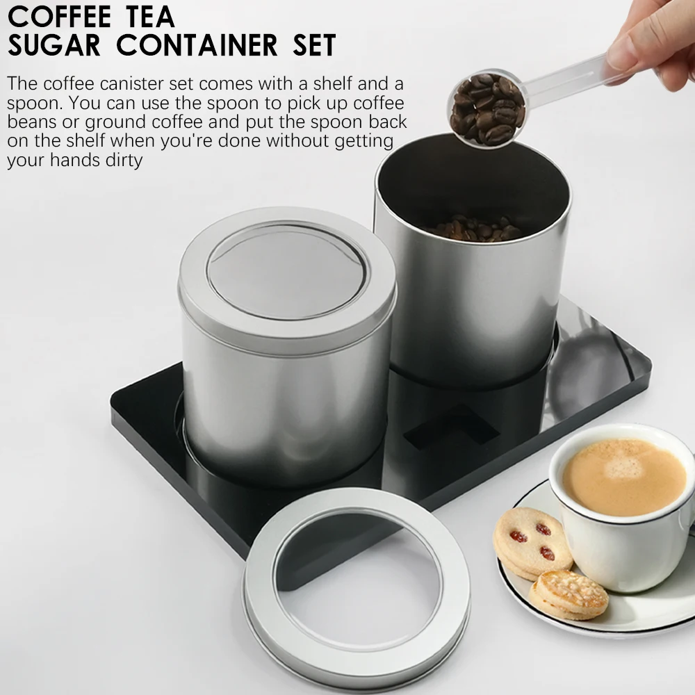 Coffee Canister Set With Shelf & Spoon 2 Piece Coffee Containers For Coffee Bean Ground Coffee Storage Coffee Bar Accessories
