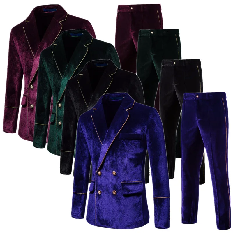 

Men's Black Velvet Double-Breasted Suit Set with Gold Trim , Formal Wear for Weddings, Parties, Business, Stage Performances
