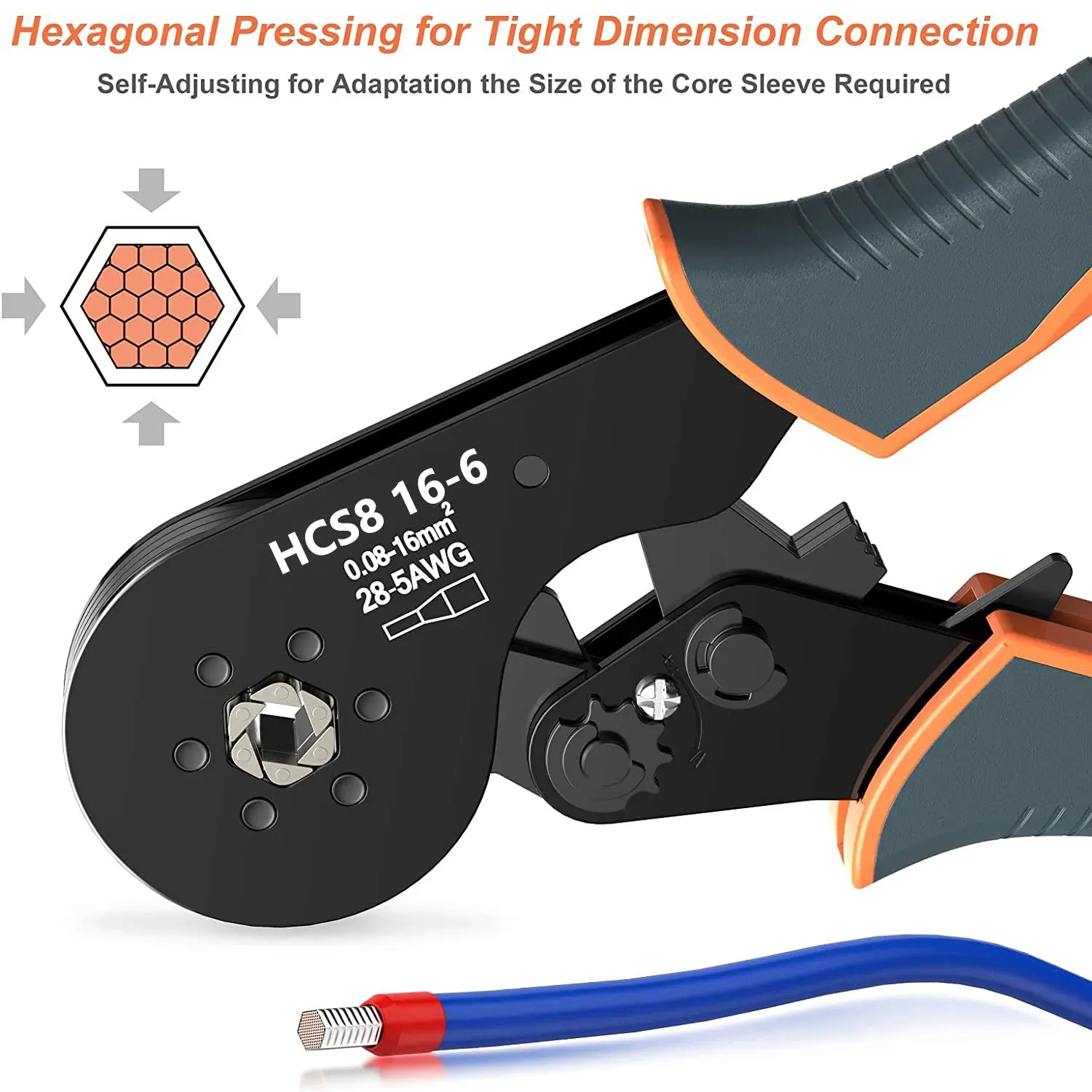 HSC8 16-6 Hexagonal Wire Ferrule Crimper Tool,Self-Adjustable Ratchat Crimping Pliers 0.08-16mm² for  End-sleeves Terminals