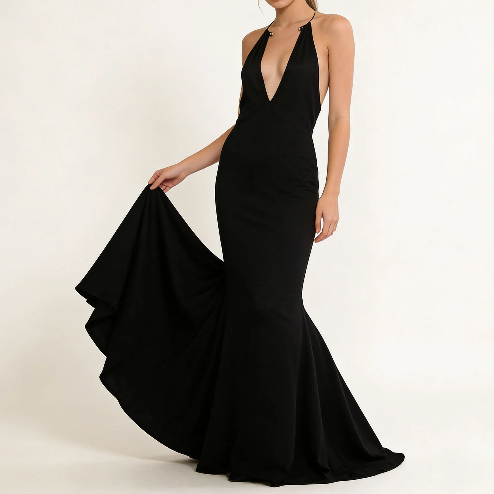 

Women's Black Dress Sleeveless Metal Ring Halter Neck Open Back Solid Color Bodycon Fishtail Long Dress for Party Club