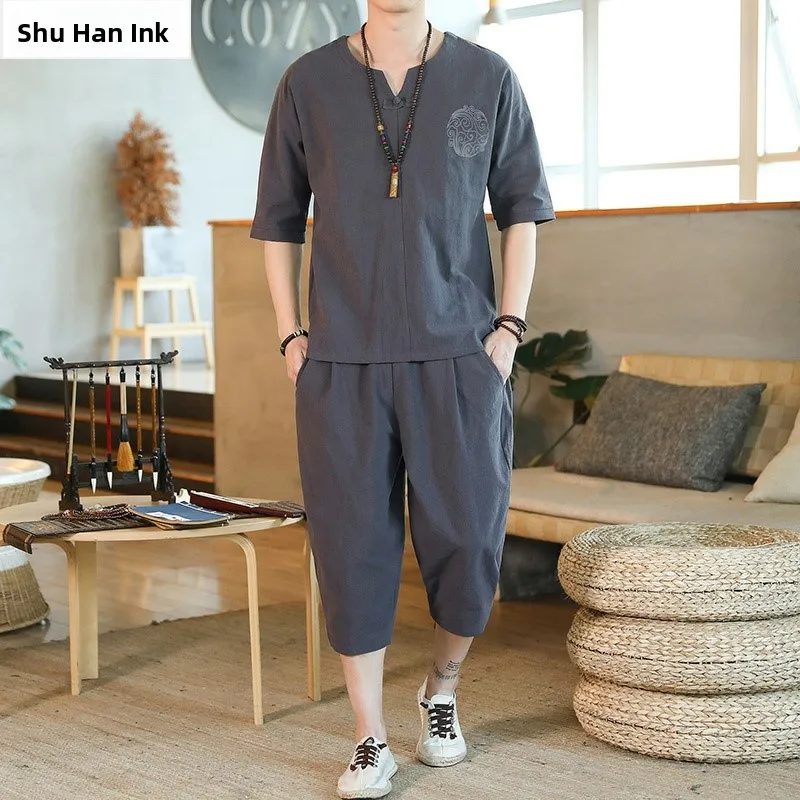 

Хлопково-льняной комплект Harajuku свободного кроя orts Sve irt и брюк, мужская летняя повседневная одежда, удобный дышащий наряд