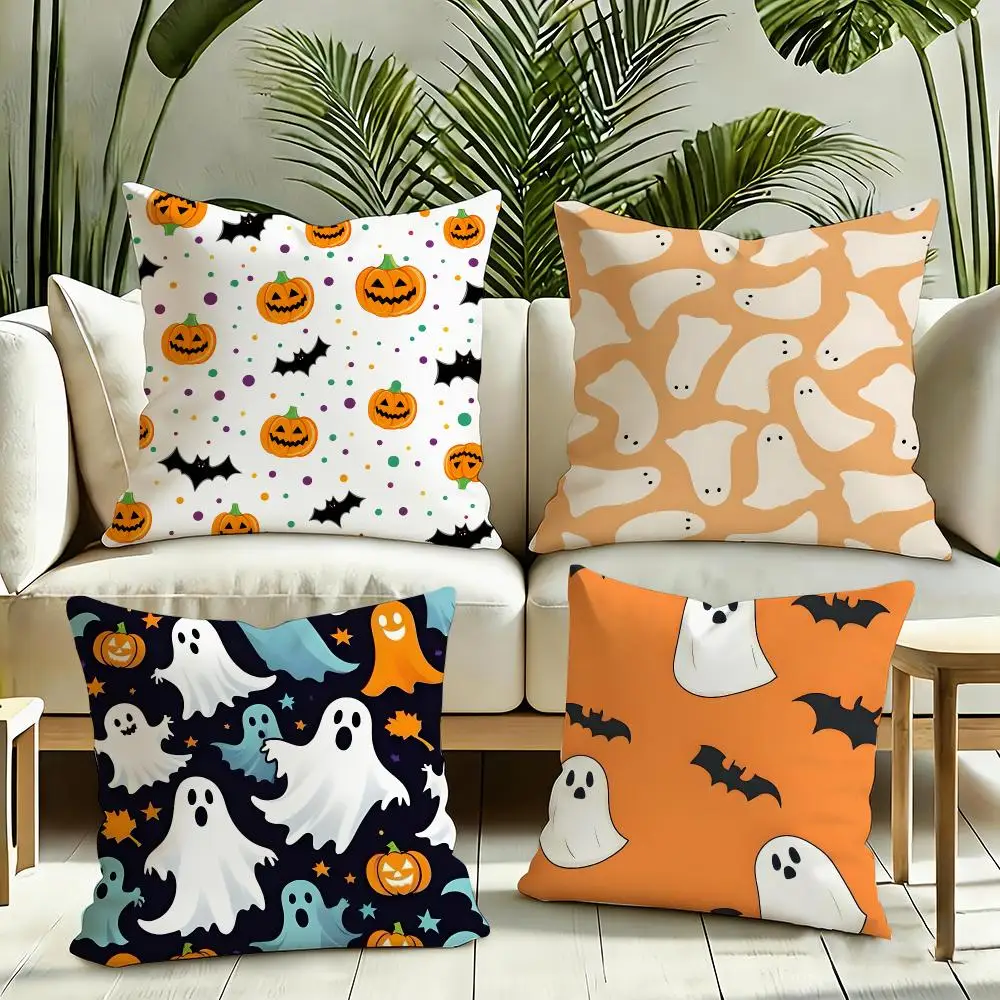 Funny Ghost Bat Halloween Cushion Cover Reversible Plush Pillow Cover Soft Fluffy  Home Decor for Sofa Bedroom