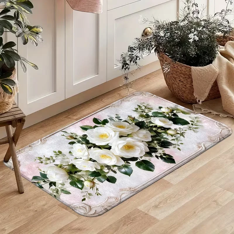 Vintage White Rose Doormat Soft Floor Rug Elegant Floral Flower Retro Frame Pattern Entrance Kitchen Bedroom Home Decor Carpet