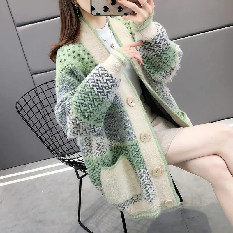 Mink Velvet Knitted Cardigan Jacket Women\'s 2022 New Loose Ladies Sweater Outerwear Spring And Autumn All-Match Button Jacket