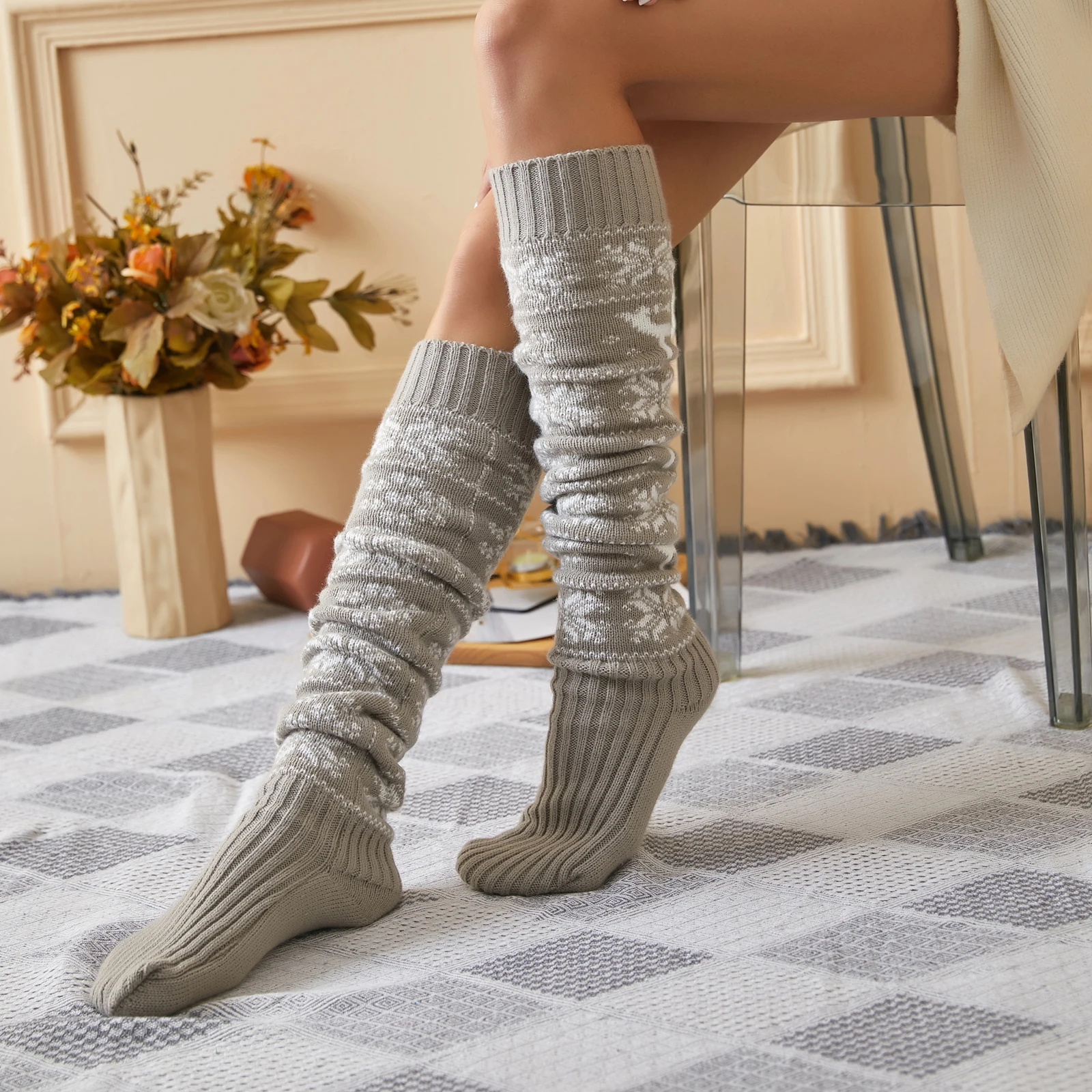 Christmas Women\'s Socks Thigh High Socks Snowflake Print Knit Over The Knee Stockings Female Warm Socks Hosiery Autumn Winter