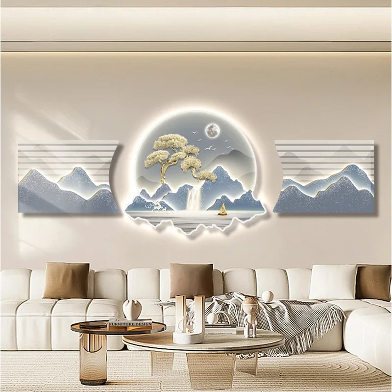 Light Luxury Creative Living Room LED Light Painting Sofa Background Wall Hanging Painting Triptych Advanced Sense Landscape Mur