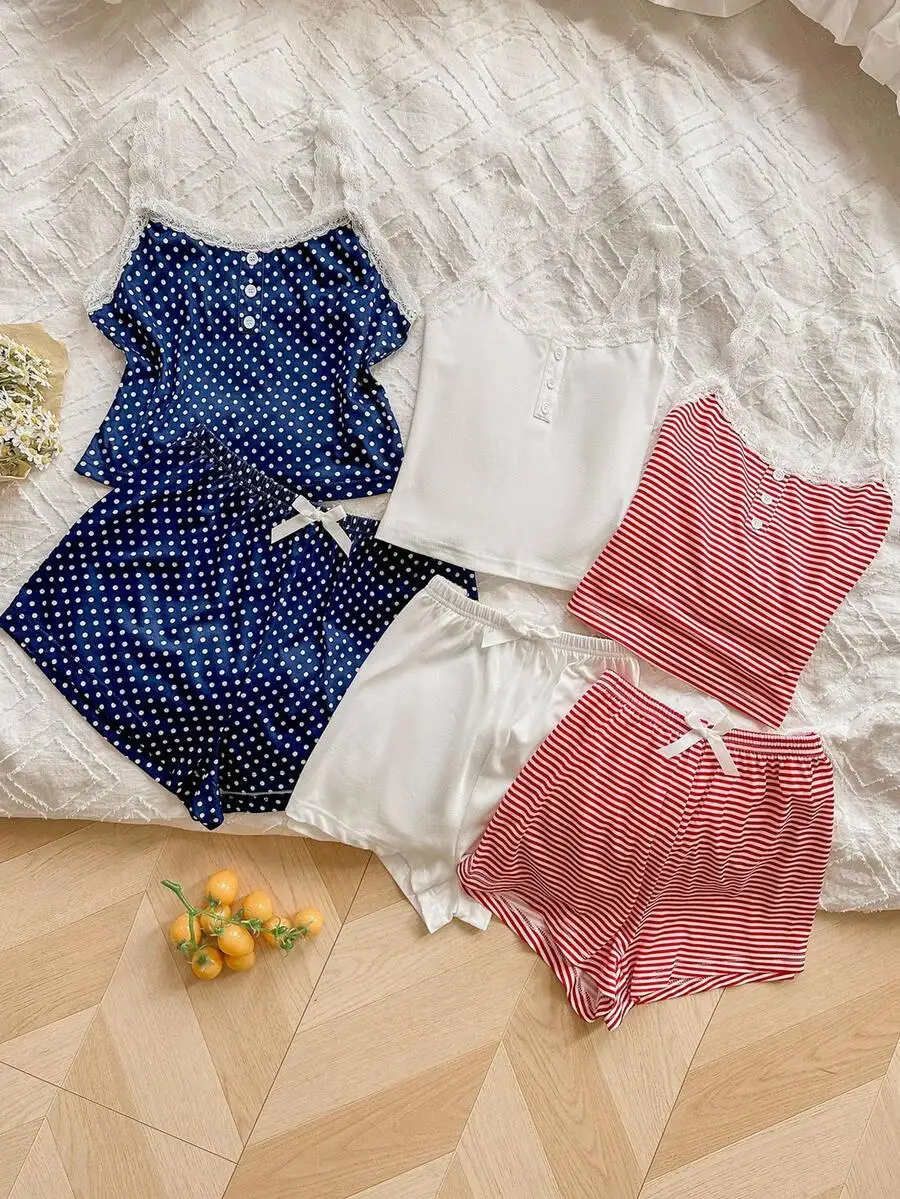 6-Piece Womens Sleep Set: Polka Dot, Stripe And Solid Lace-Trim Camisoles With Bow-Waist Shorts