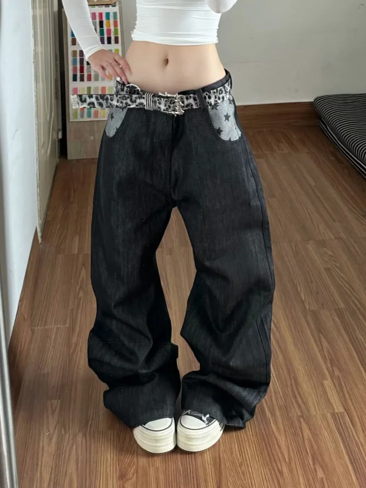 2026 Cyber Y2K Streetwear Contrast Color Patchwork Baggy Women's Jeans Pants For Woman Clothing Straight Cotton Long Trousers