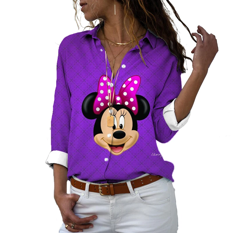 Camisa de manga larga Harajuku para mujer, camisa informal con estampado de dibujos animados de Minnie, solapa de un solo pecho, a la moda, y2k, 2024