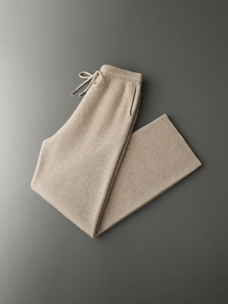 2025 New Chic Men's 100% Merino Wool Knitted  Wide Leg Pants Smart Casual Loose Trousers Autumn Winter Thick Soft Fashion Pants