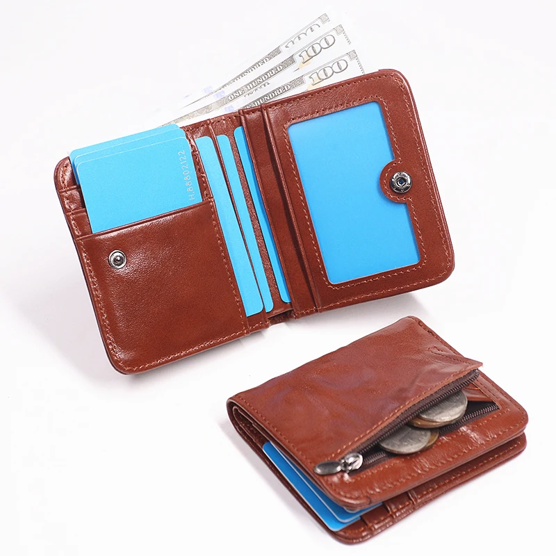 Genuine Leather For Women Vintage Cowhide Short Bifold Small Women's Wallet Purse With Card Holder ID Window Zipper Coin Pocket