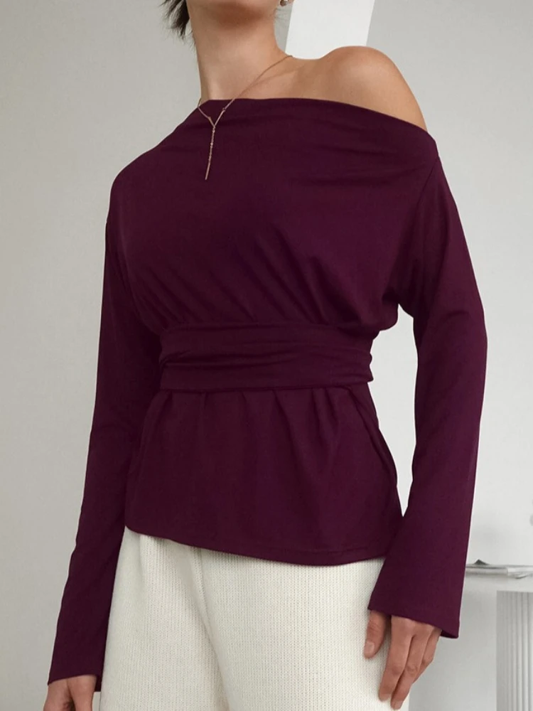 Tossy Solid Slash Collar Lace-Up T-Shirt For Women Commuting Tapered Waist Slim Fashion Patchwork Y2k Top Women's 2026 Pullover