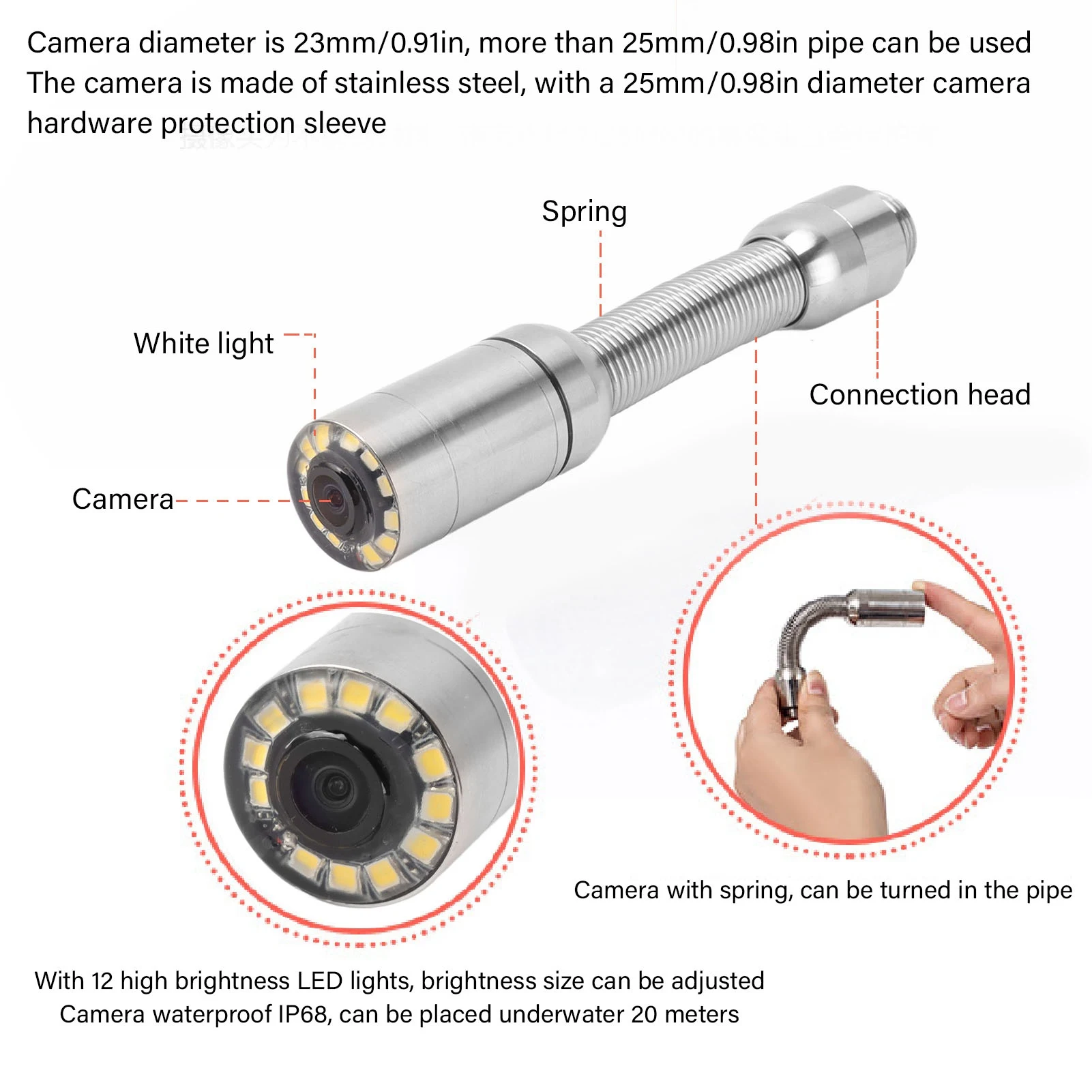 Pipe Inspection Camera Accessory Sewer Inspection Camera Head High Flexibility Spring 23mm Easy Installation for Pipe Camera