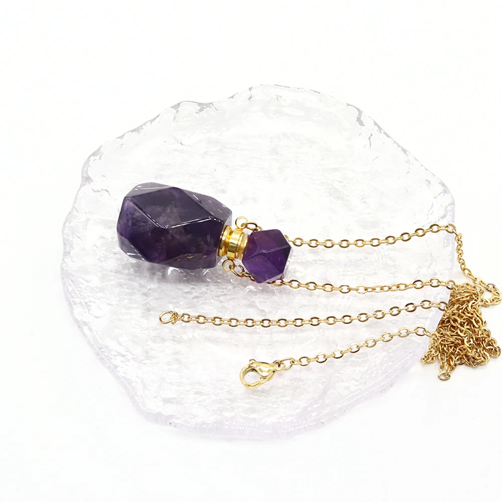 

Natural Stone Amethyst Faceted Multi-Surface Aromatherapy Essential Oil Bottle Necklace Gold-Plated Chain Jewelry Decoration