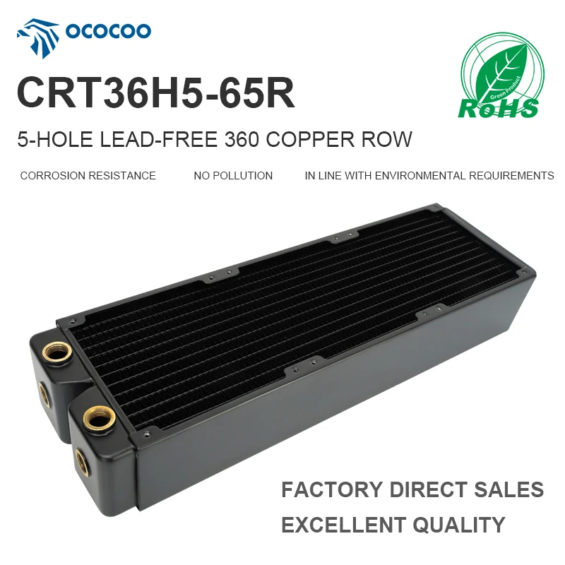 OCOCOO 65mm Thick Copper 360mm 5-Hole G1/4 Water Cooling Radiator 3D Printer Voron DIY Liquid Heat Sink 12 Waterways CRT36H5-65R
