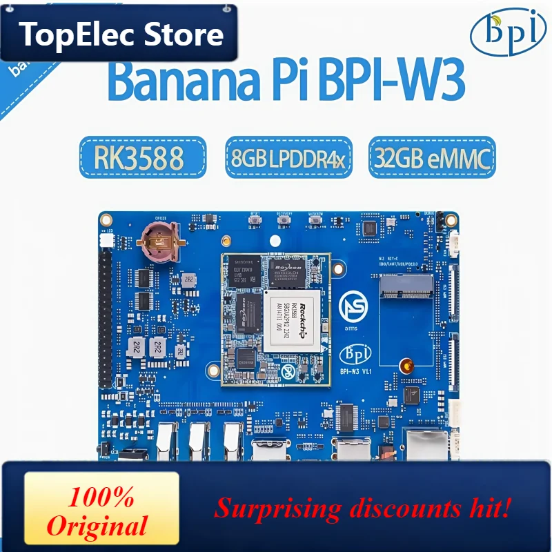 TopElec Banana Pi BPI-W3 open source hardware adopts Rockchip RK3588 design, with 8G memory and 32G eMMC storage on board