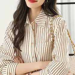 Autumn New Fashion Casual Retro Striped Long Sleeved Shirt Elegant Loose Young Style Original Design Polo-Neck Popular Women Top