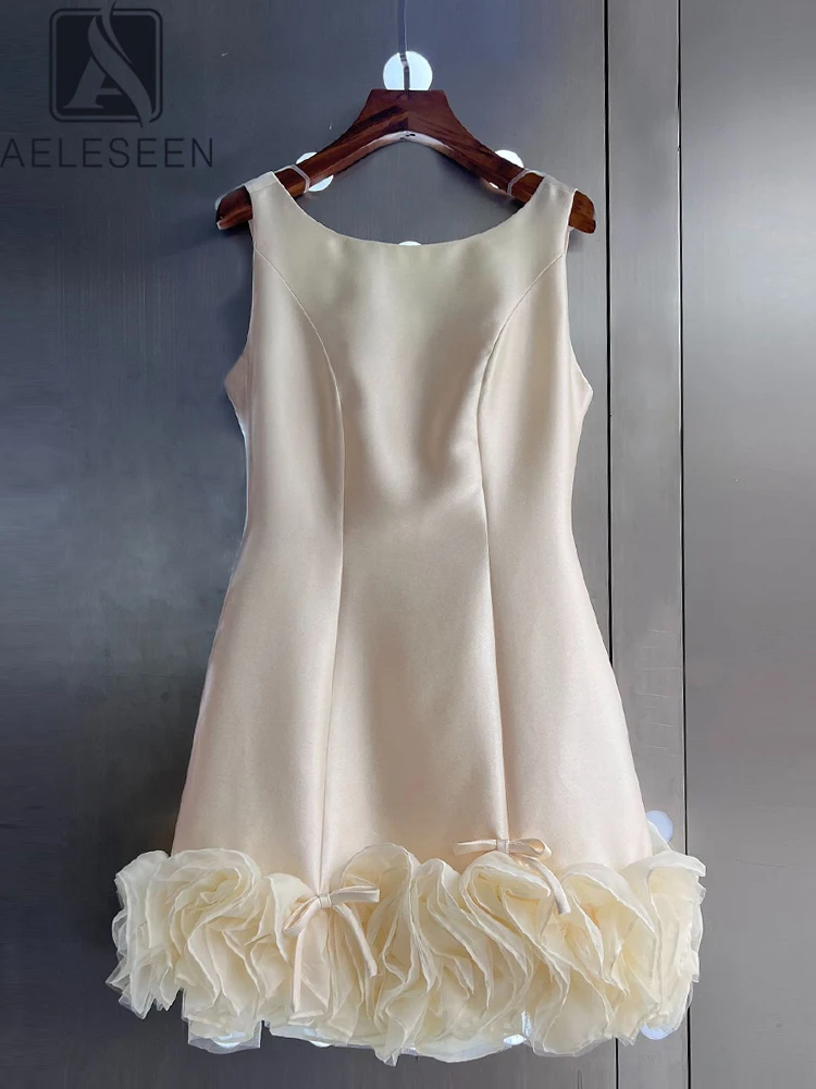 

AELESEEN 2025 Spring-Summer New O-Neck Sleeveless Dress Beige with 3D Floral Applique Bow Design Elegant Mini Dress for Women