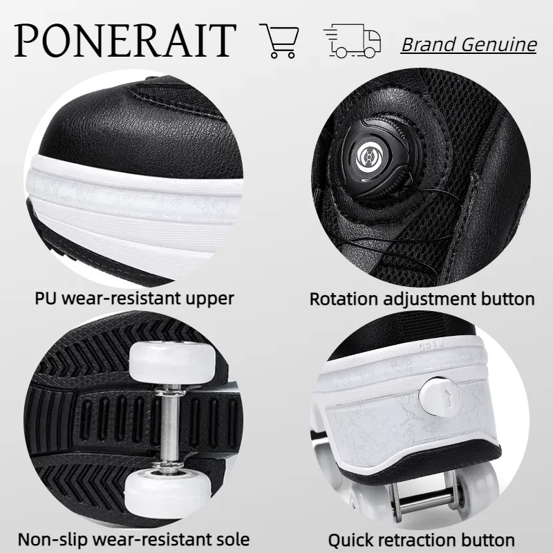 PONERAIT Roller Shoe For Student Girls Boys Stylish Adult High Top Knob adjustment Sport Skate Four wheels Deformation Sneaker