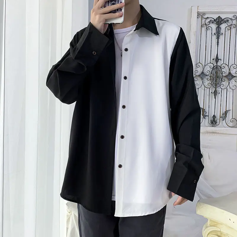 2024 Spring and Autumn Korean Edition Trendy Black and White Spliced Korean Style Elegance High Grade Long Sleeved Shirt for Men