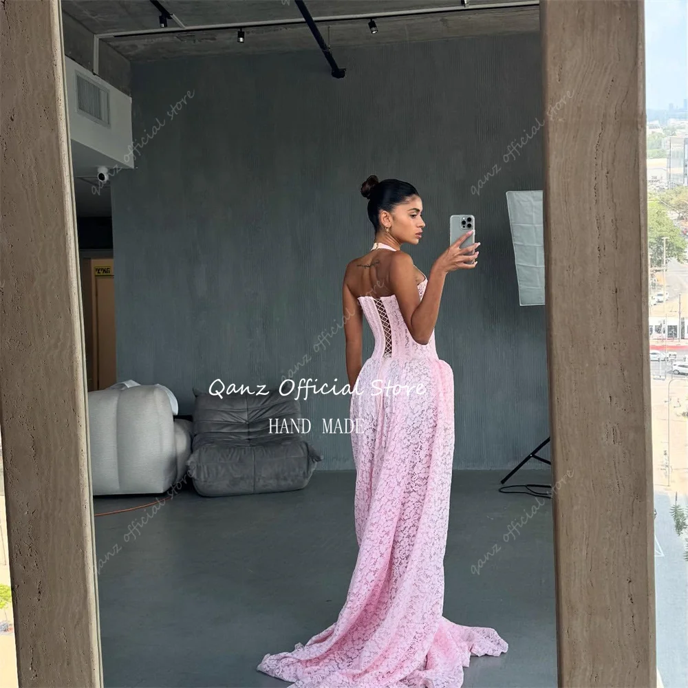 Qanz Pink Full Lace Appliques Evening Dresses Elegant Long Train Pageant Dress For Women Backless Robes De Soirée  Customized image 2