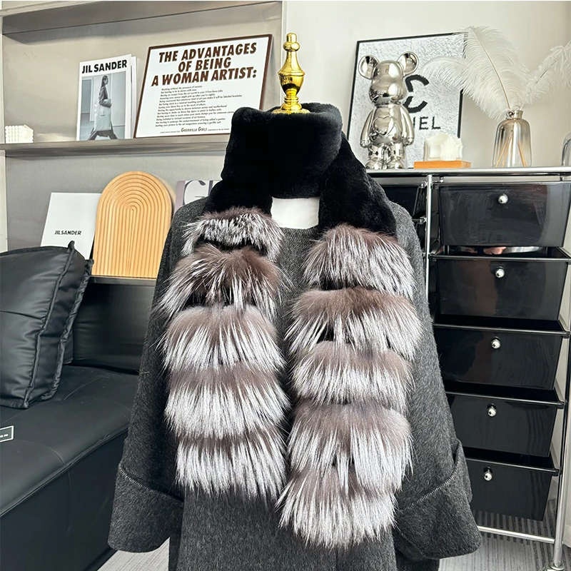 Neuer Schal aus echtem Rex-Kaninchenfell für Damen, Winter-Outdoor-Wärmeisolierung, 100% echter Fuchsfell-Schal, modische dicke Rex-Kaninchenfell-Schals für Mädchen. – Detail 2