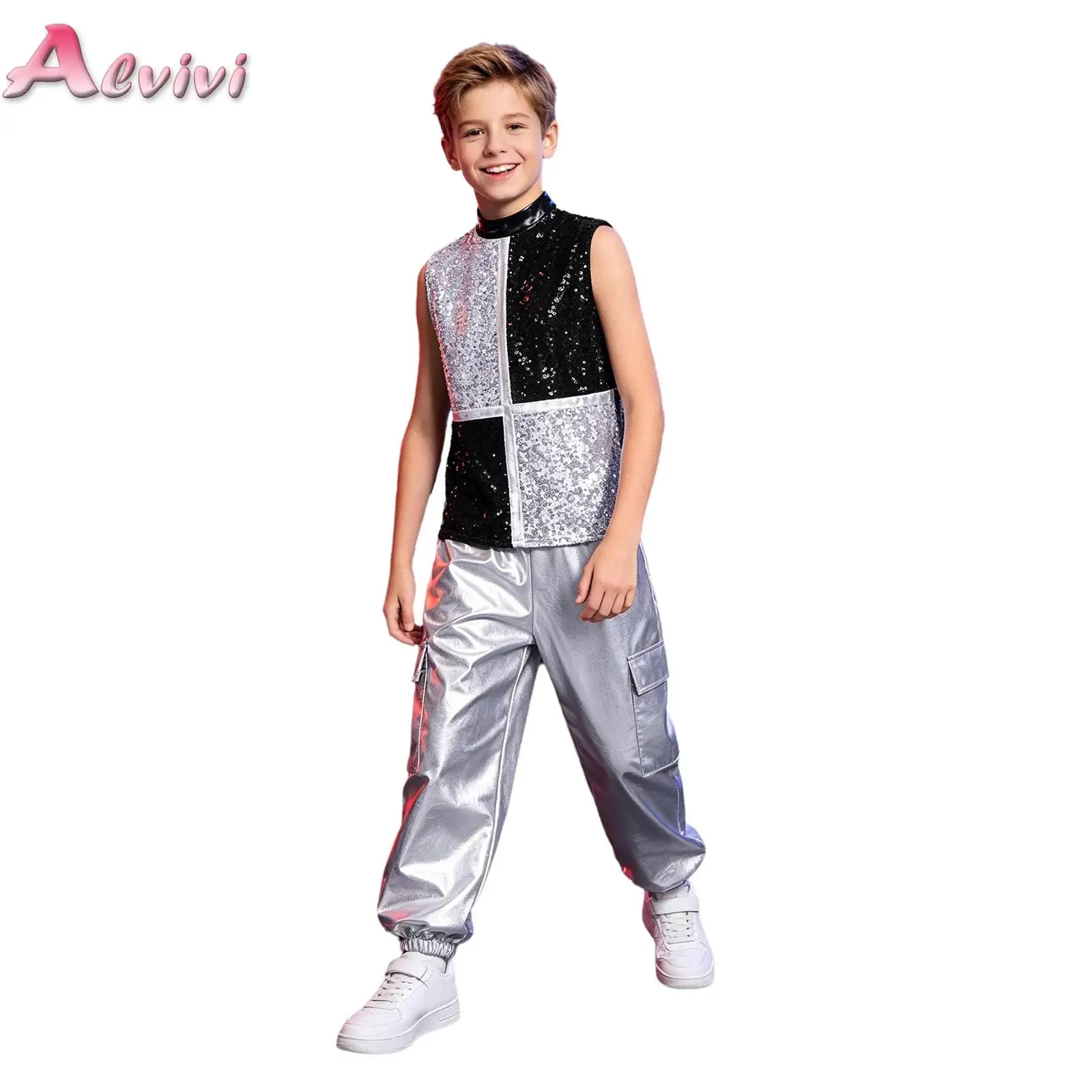 Kids Girls Boys Jazz Hip Hop Dance Tops with Cargo Pants Shiny Color Block Cheerleading Stage Performance Street Dancewear Sets