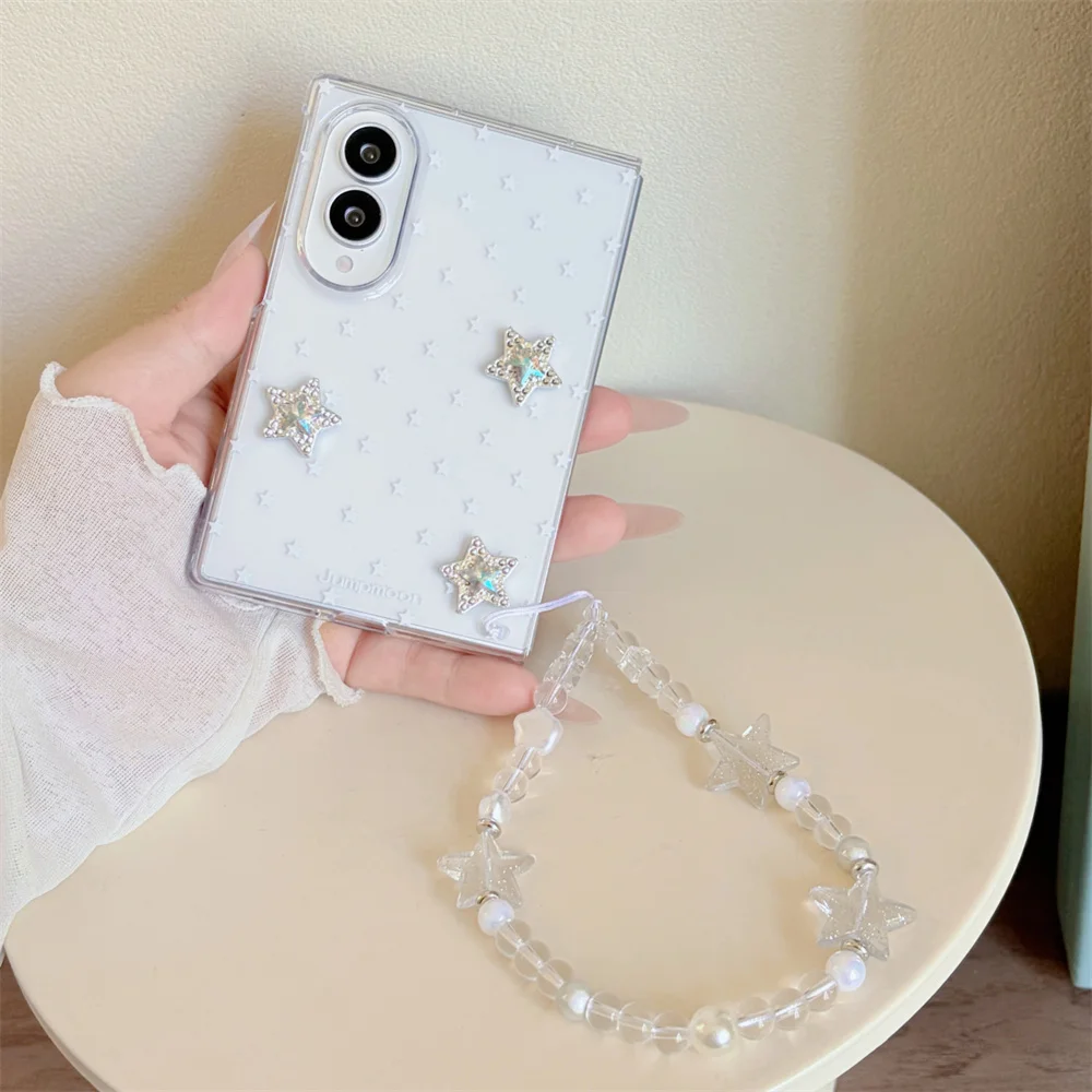 Korean Kawaii Cute Star Clear Case with Flowerr Beads Chain for Samsung Galaxy Z Fold 8 ZFold8 Back Shockproof Cover
