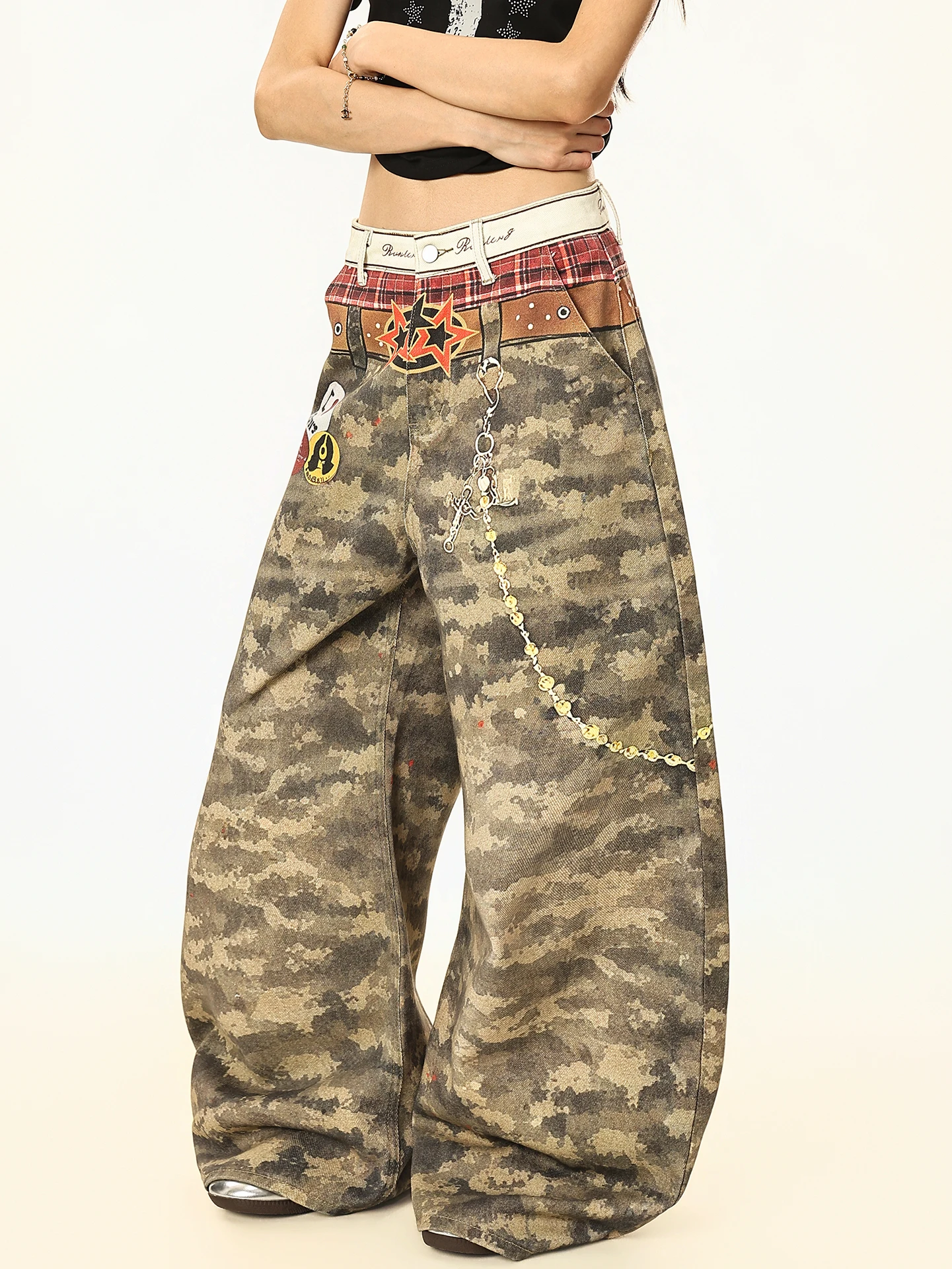 

Джинсы Boeax American High Street Vintage с 3D-принтом, камуфляжные, широкие, свободные, женские, летние, дизайнерские, модель «Knife Pants»