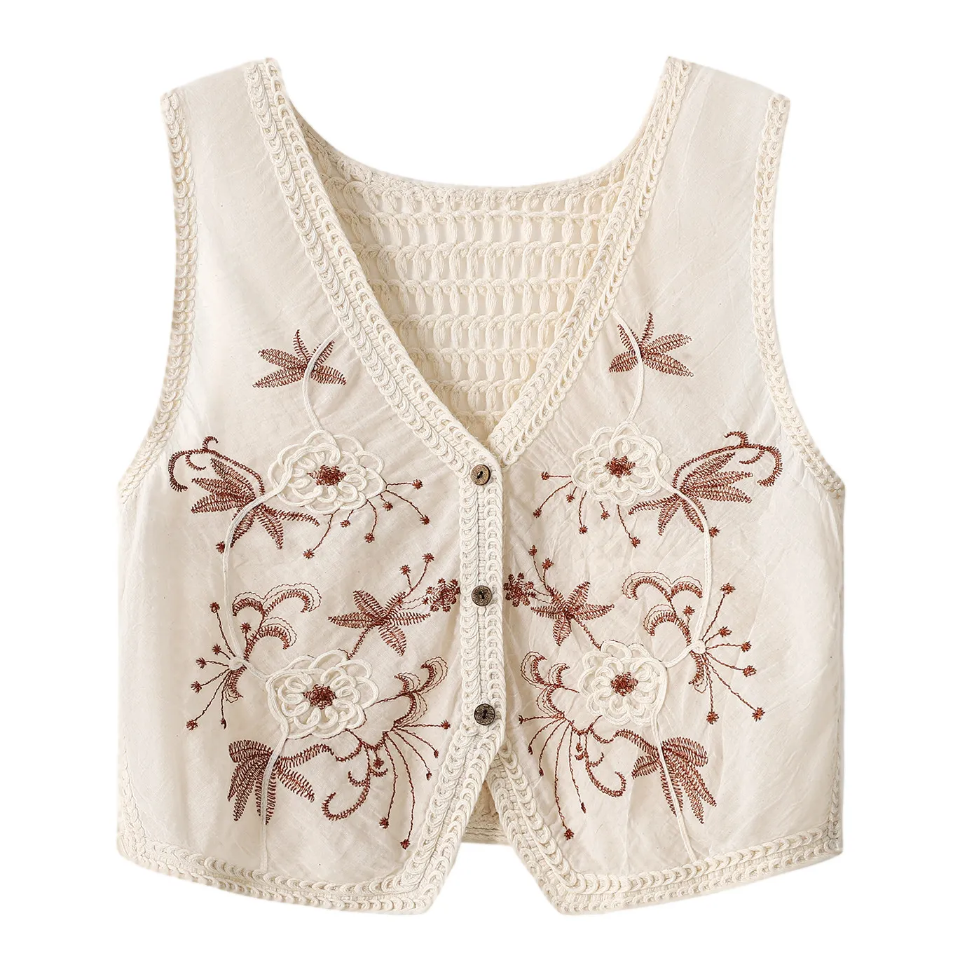 Women's Embroidered Floral Vest Button Down V-Neck Sleeveless Waistcoat Openwork Knit Tops Summer Retro Boho Cottagecore