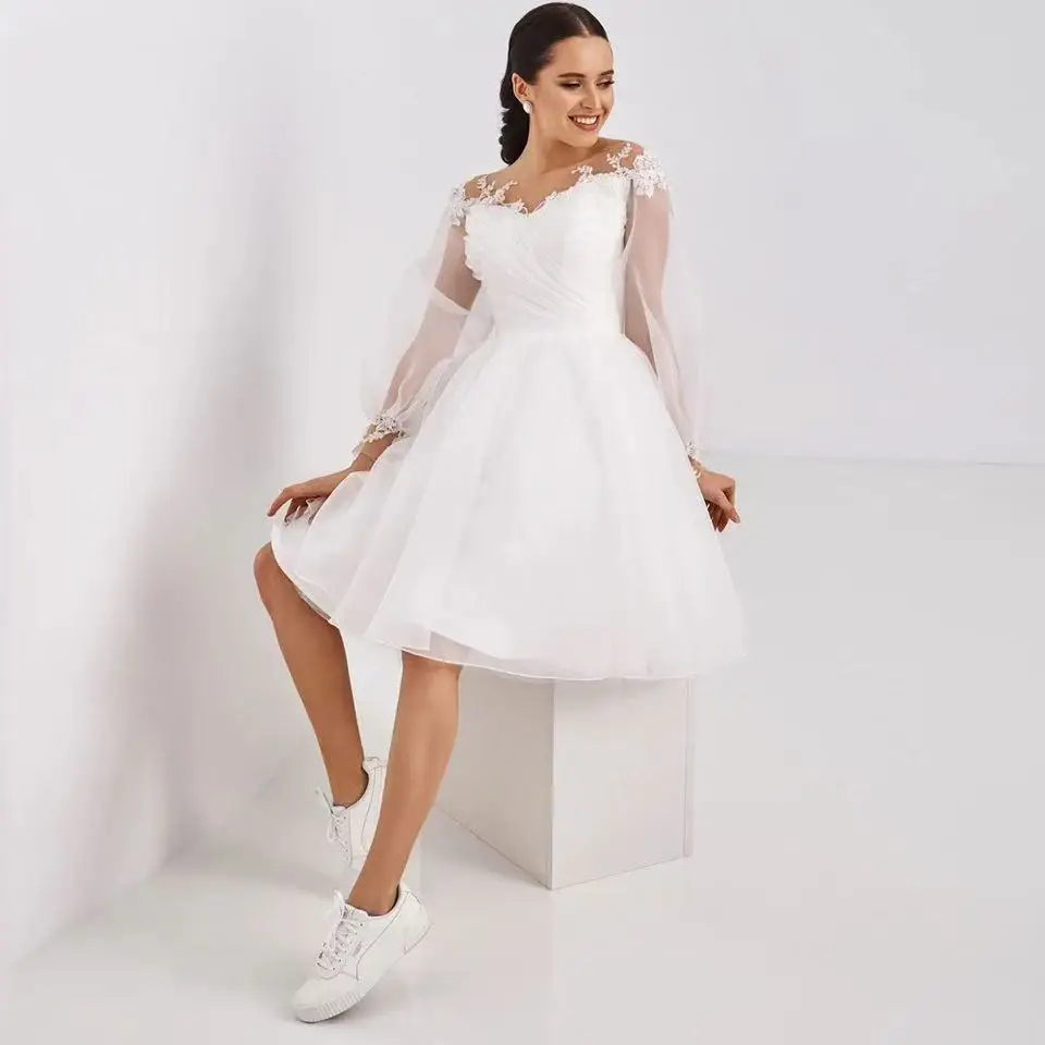 Personalizado colher uma linha vestido de casamento curto personalizado na altura do joelho mangas compridas renda vestido de noiva pequeno vestido branco volta rendas-up