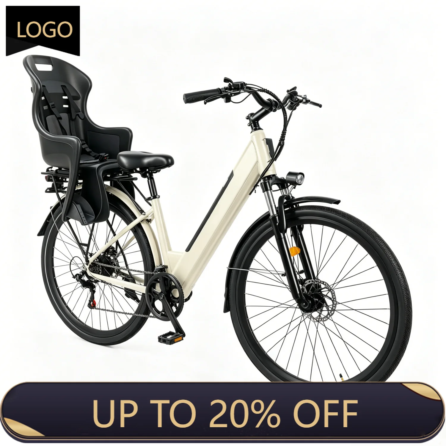 WWQ Electric Bike 36V 10.5Ah Steel Frame Electric City Bike, Women's Hybrid City Bike with Rear Child Seat Frame