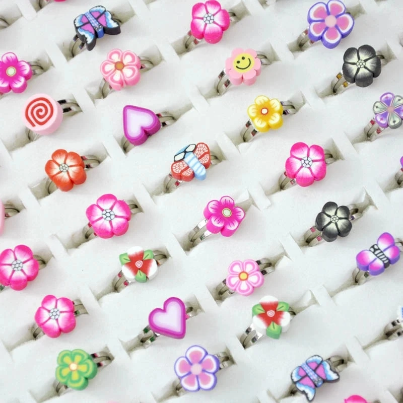 10Pcs/lot Children\'s Cartoon Rings Candy Flower Animal Bow Shape Ring Lot Mix Finger Jewellery Kid Girls Toys Rings Random Color