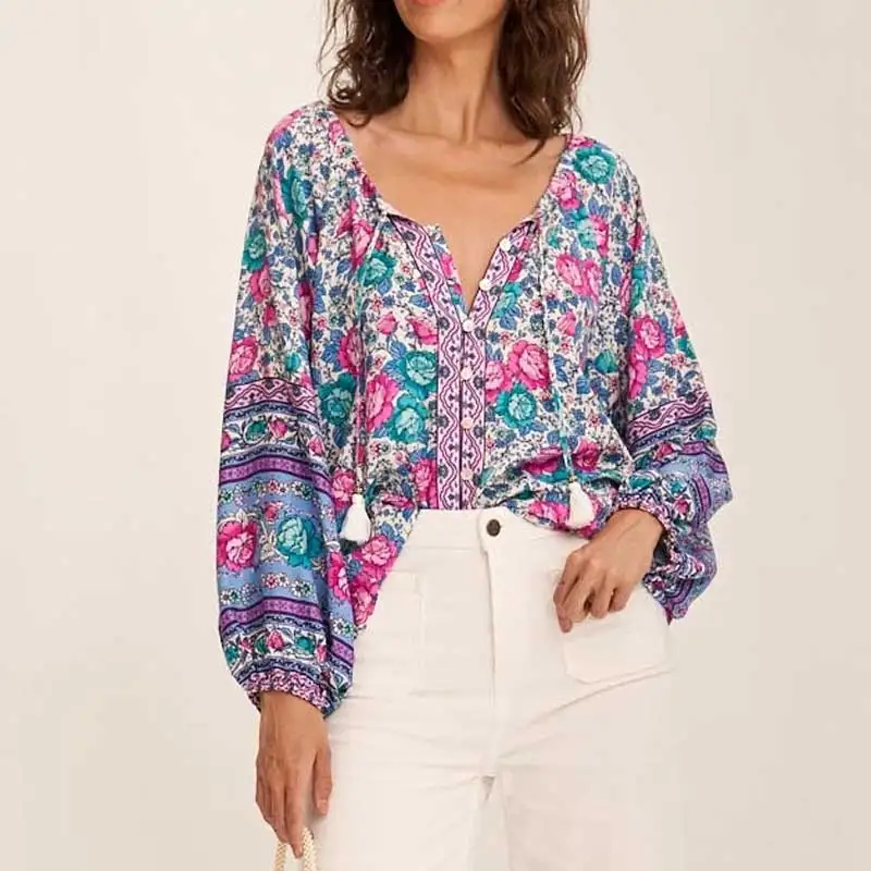 

Super Chic blue floral boho women blouse long sleeve cotton V-neck tassle tied za women tops hippie chic blouses shirts