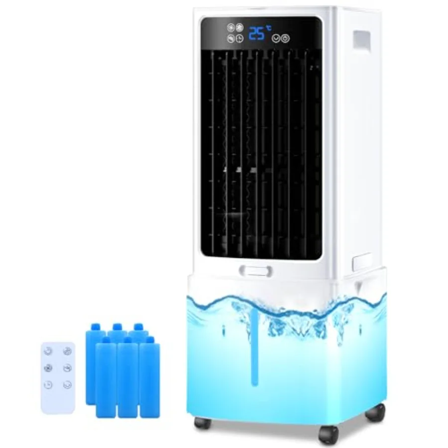 Portable air conditioner for home use, plastic body, white color, 9L water tank with 12H timer, 3 modes, 3 speeds, 6 ice packs,