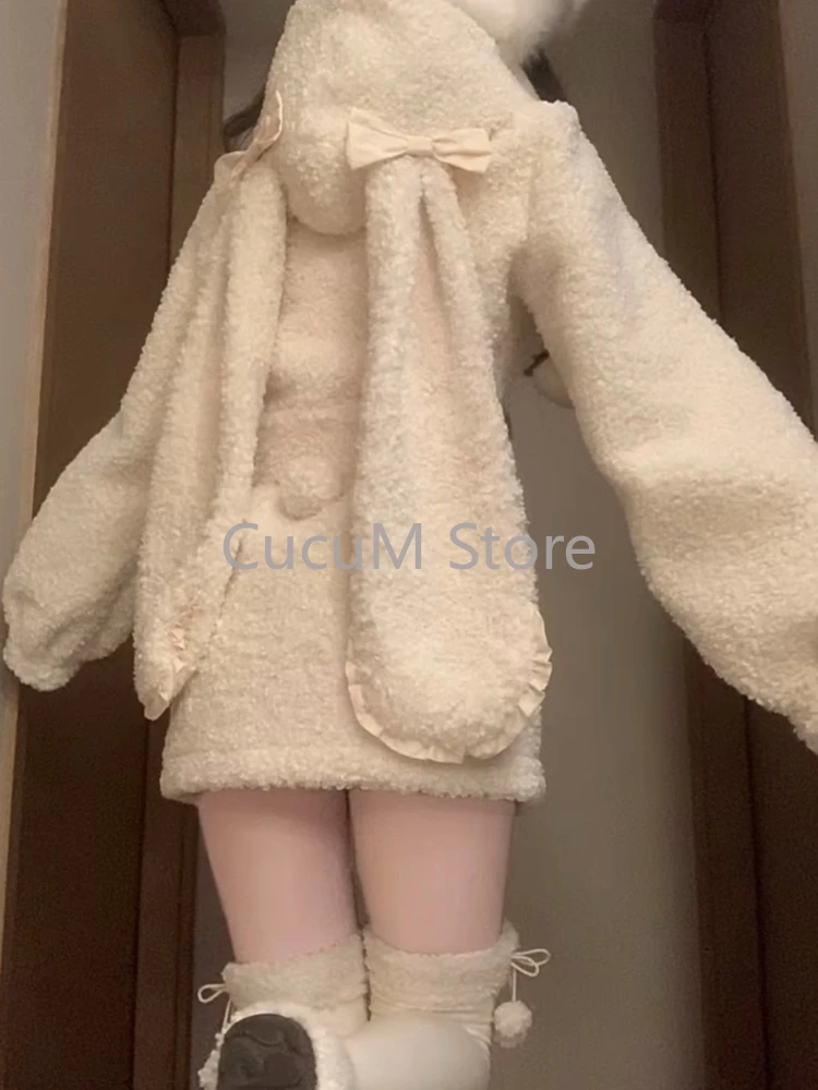 Harajuku Süße Kawaii Ohr Hoodie Mantel Frauen + Y2k Hohe Taille Pelz Röcke 2024 Herbst Winter Neue Warme Nette Zwei stück Sets