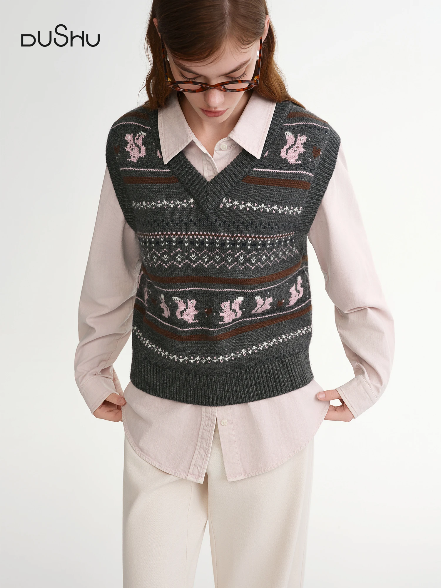 

DUSHU 2025 осенне-зимний женский вязаный жилет с длинной линией и открытой передней частью для многослойной одежды - жилет с кардиганом