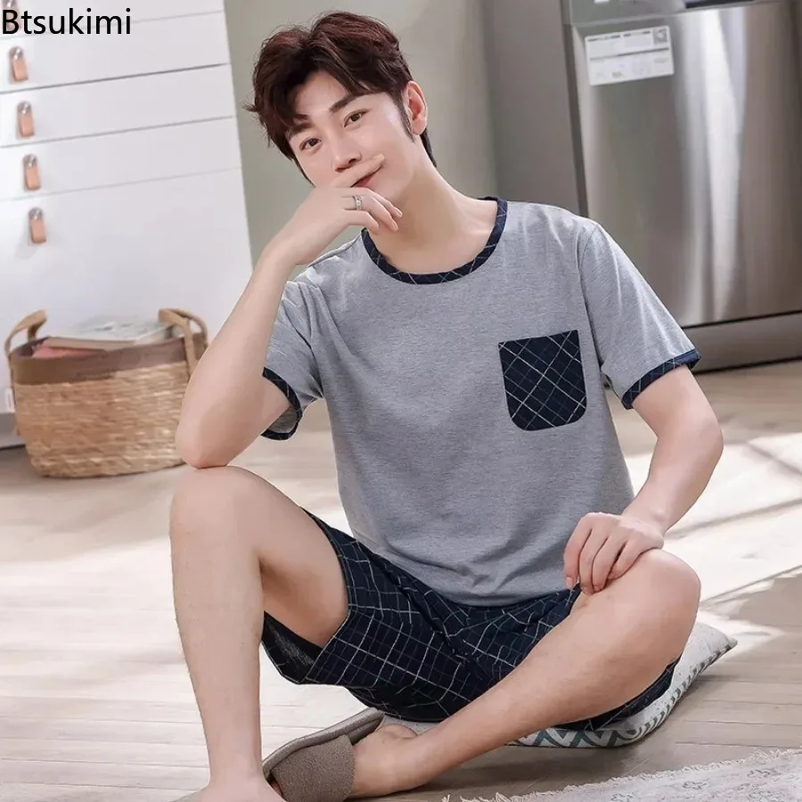 Fashion New Men's Short-sleeved Pajamas Sets Summer Comfortable Thin Cotton Homewear Lounge Sets Men Plaid Sleepwear Two Pieces