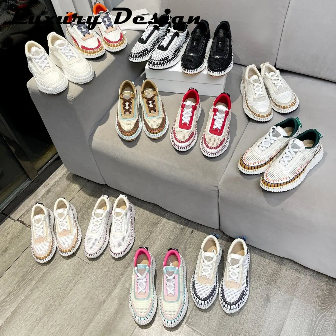 New Hand Stitched Designer Women Sports Shoes Luxury High Quality Casual Shoes Platform Mixed Colors Knitted Fashion Sneakers