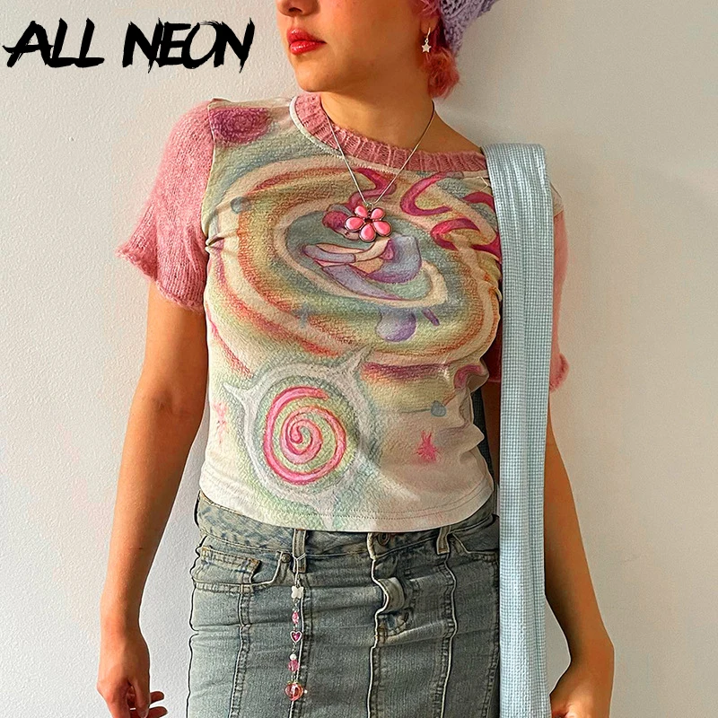 

ALLNeon Fairycore Sweet Summer Short Sleeve T-Shirt Women Kawaii Print Patchwork O-Neck Crop Tops Y2K Aesthetic Basic Tees Slim