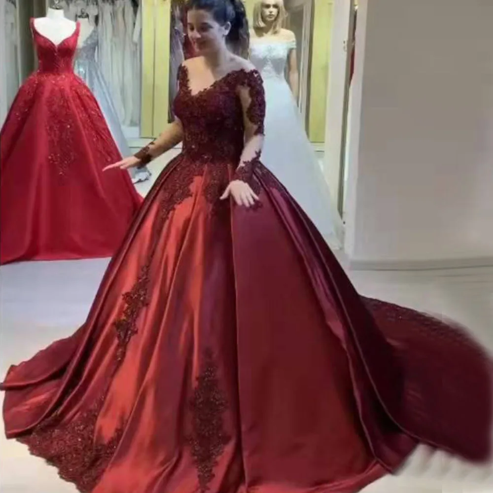 Vestido de noche de satén con apliques de cuentas de encaje, vestido de fiesta con cuello en V, vestido de baile, tren de corte, espalda abierta, Burgundy, Dubái