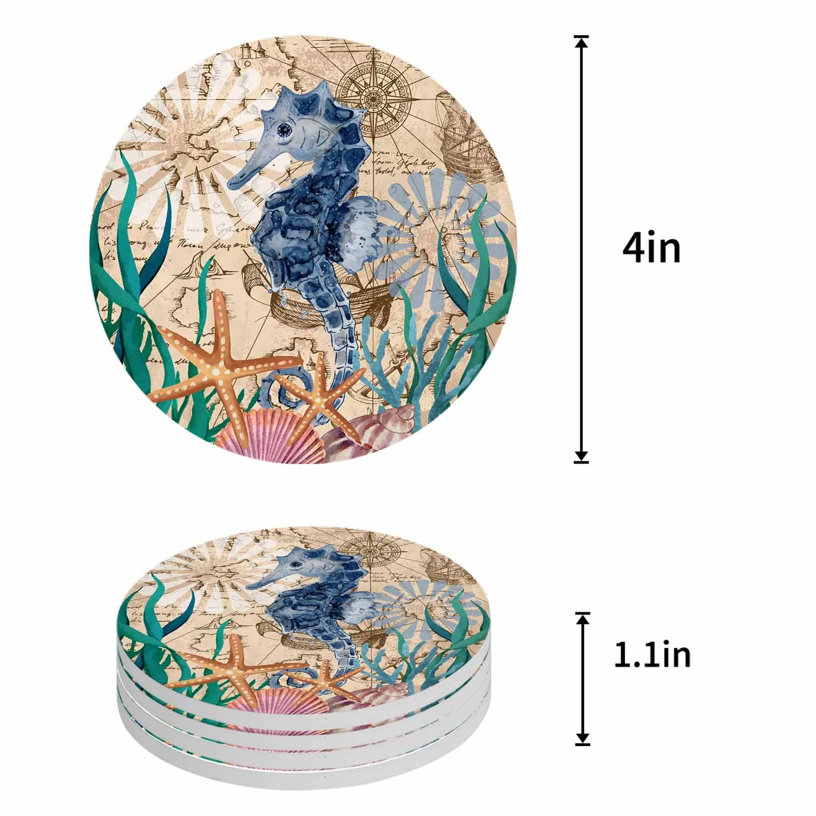 Seahorse Seaweed Starfish Shell Retro Ceramic Coaster Set Kitchen Table Round Placemat Luxury Decor Coffee Tea Cup Coasters