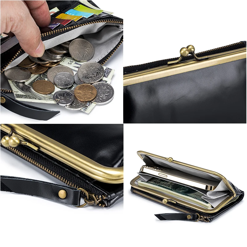 luxury Design Long Wallet Women Metal Frame Card Holder Genuine Leather Purse Hasp and Zipper Woman Coin Pocket Hold 6.7\