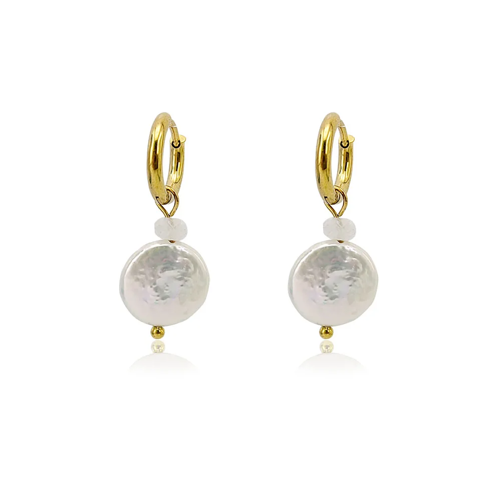HUIDANG Pearl Earrings Stainless Steel Hoop Natural Fresh Water Pearl Earrings For Women Pendientes de perlas